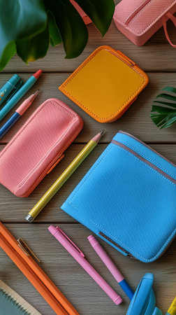 Brightly colored wallets and various stationery items are neatly arranged on a wooden table. The setting has a fresh, vibrant feel enhanced by natural light.の素材