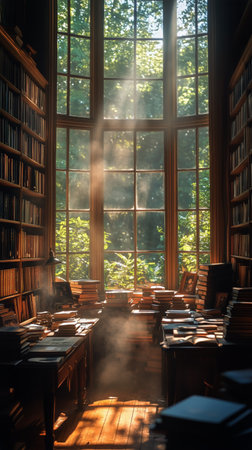 Soft rays of sunlight illuminate the dusty air in a historic library. Stacked books are scattered across the wooden floor, enhancing the serene atmosphere of this quiet space.の素材