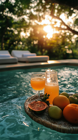Three vibrant drinks are presented alongside fresh papaya slices on a wooden tray. The setting features a serene pool and lush greenery, creating a tranquil atmosphere.の素材