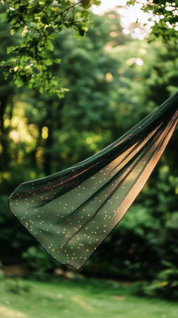 Sheer green fabric flutters gracefully in a gentle breeze, illuminated by warm sunlight filtering through a dense forest. The scene exudes serenity and natural beauty.の素材