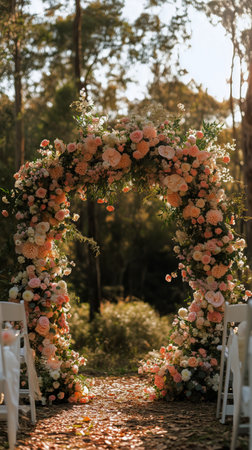 A stunning floral arch adorned with soft pink and white roses frames a wedding ceremony setup. Sunlight filters through trees, creating a romantic atmosphere in nature.の素材