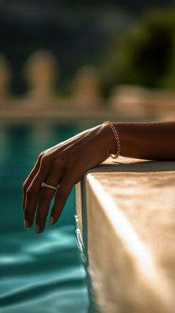 A delicate hand adorned with jewelry rests on a textured stone edge beside a serene turquoise pool reflecting the suns warmth. The tranquil atmosphere invites relaxation.の素材