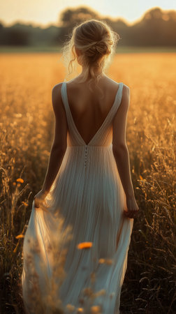 A woman in a delicate white dress strolls through a sunlit field filled with golden grass during sunset. The warm light creates a serene and magical atmosphere.の素材