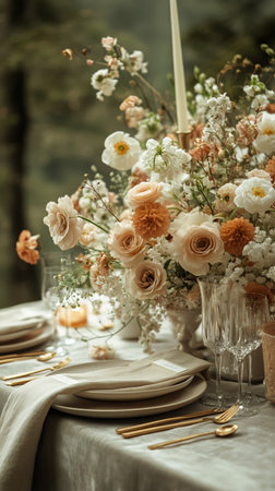 A beautifully arranged dining table features a floral centerpiece, lit candles, and elegant tableware.の素材