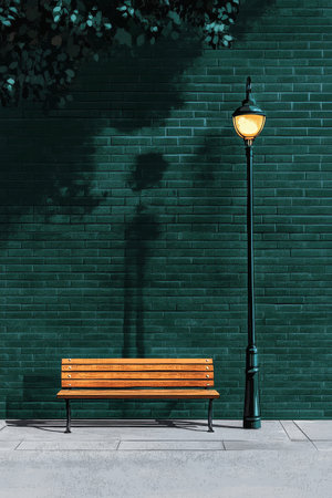 A wooden bench sits quietly next to a green brick wall, softly lit by a nearby lamp. Shadows play across the wall, creating a tranquil atmosphere in the late afternoon light.の素材