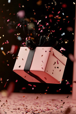 A sparkling gift box with a black ribbon hovers in mid-air, surrounded by vibrant confetti falling in celebration. This joyful moment captures the essence of festive occasions.の素材