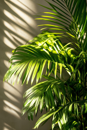 Sunlight streams through vibrant green palm leaves, casting soft shadows on a pale wall in a welcoming indoor area during mid-morning.の素材