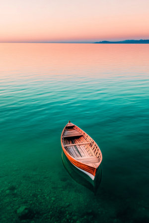 A wooden boat drifts peacefully on smooth water as the sun sets, casting warm colors across the sky and reflecting on the tranquil surface.の素材