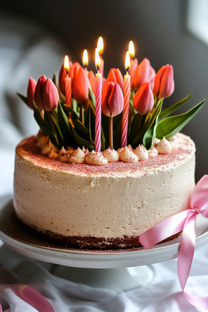 A stunning cake adorned with pink tulip flowers and colorful candles sits on a table, providing a festive atmosphere for a special indoor celebration during the day.の素材