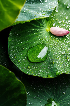 Water droplets sparkle on lush green lotus leaves, showing natures beauty. A delicate pink flower bud adds a touch of color in this tranquil garden.の素材