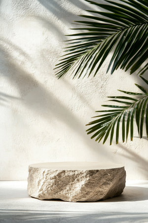 A large stone table sits on a smooth floor, surrounded by palm leaves that cast intricate shadows on the wall during daylight, creating a tranquil and relaxing ambiance.の素材