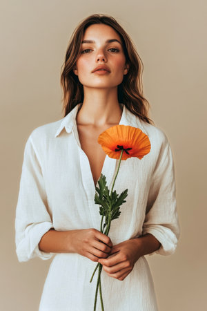 A woman gently holds a bright orange poppy flower near her neck, wearing a crisp white shirt, with warm lighting enhancing the softness of the moment indoors.の素材
