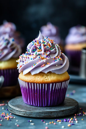 Soft vanilla cupcakes are adorned with vibrant purple frosting and sprinkled with colorful candy bits. They rest on a dark countertop, creating an appetizing and festive display.の素材