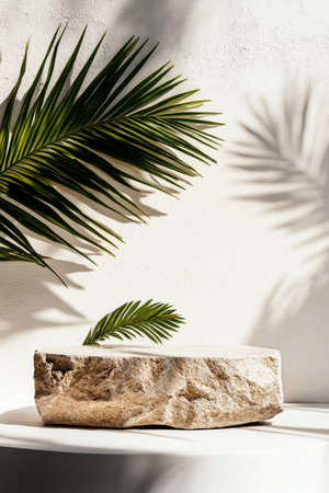 A rounded stone slab supports a vibrant palm leaf, casting intricate shadows on the wall. Soft lighting enhances the serene atmosphere of this contemporary decor arrangement.の素材