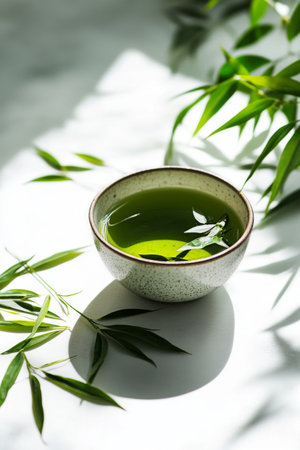 A bowl of fresh green tea featuring delicate bamboo leaves rests on a bright surface enriched by sunlight, creating a serene and inviting atmosphere.の素材