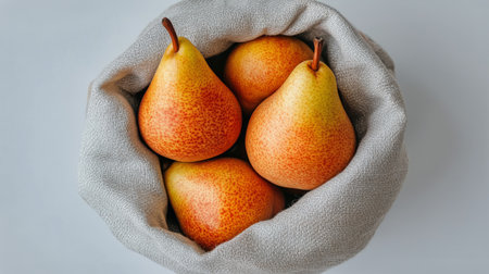 A collection of four vibrant ripe pears nestled in a light-colored woven basket enhancing their natural beauty and freshness.の素材