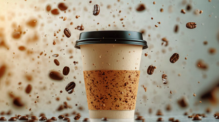 Coffee cup splashes brown liquid while surrounded by flying coffee beans, capturing energy and motion in a creative display of a coffee moment.の素材