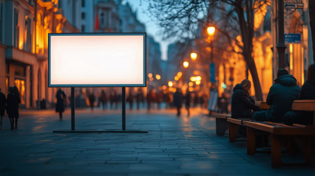 A bill blankboard is positioned on a lively urban street as people stroll by, enjoying the warm glow of streetlights during the evening time, creating an inviting atmosphere.の素材