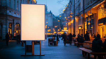 Crowds of pedestrians stroll along a lively urban street as twilight sets in. An empty advertising display stands prominently, illuminated by soft lights.の素材
