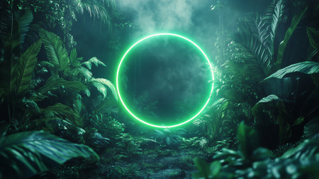 A vibrant neon green circle glows in a dark jungle, surrounded by tall plants and mist. The atmosphere is mystical and captivating, evoking a sense of otherworldliness in nature.の素材