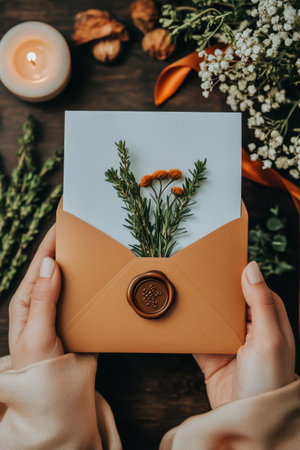 A beautifully wrapped gift sits on a marble surface, adorned with twine and a wax seal. Dried flowers and a candle create a warm, inviting atmosphere in a stylish interior.の素材