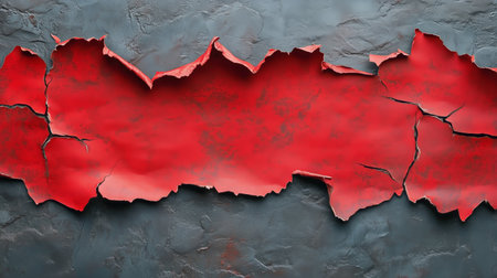 A red torn paper strip reveals a textured gray wall beneath, showing an artistic design with cracks and color contrast that adds depth and interest.の素材