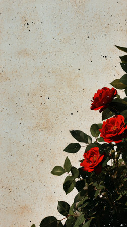 Bright red roses bloom beautifully against a soft, textured background. Green leaves frame the flowers, enhancing their vibrant color in this serene outdoor moment.の素材