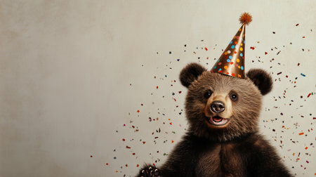 A bear enjoys a festive birthday celebration, wearing a colorful party hat while confetti falls around it in a cheerful atmosphere, inviting joy and fun.の素材