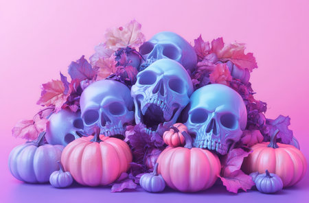 A captivating arrangement features blue skulls surrounded by pumpkins and colorful autumn leaves, creating a festive atmosphere ideal for Halloween celebrations.の素材