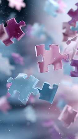 Colorful puzzle pieces in shades of pink and blue float in an abstract setting with a soft glow, creating a whimsical and enchanting atmosphere. The image suggests creativity and fun.の素材