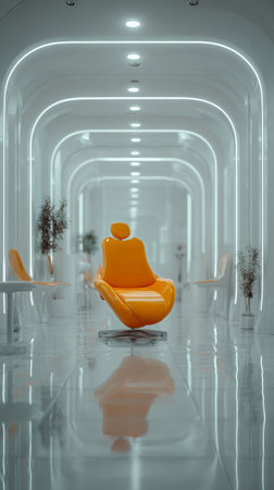 A spacious dental clinic features a striking orange dental chair at the center. Sleek design elements include bright lighting, clean white walls, and organized workstations.の素材