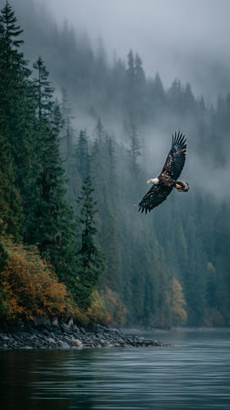 An eagle gracefully glides through the misty air above a calm river. Colorful autumn leaves hint at the changing season in the backdrop of towering trees and soft fog.の素材