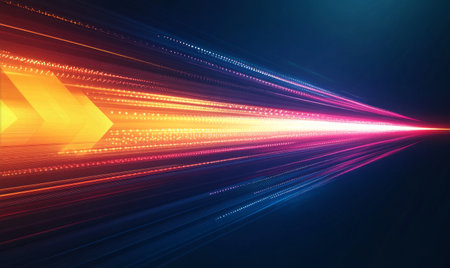 Colorful light trails form arrows moving through a dark background, creating a sense of speed and energy in an abstract digital representation.の素材