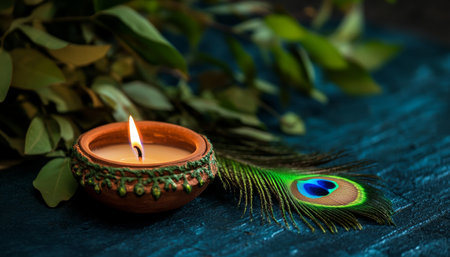A clay candle holder emits a warm glow while surrounded by vibrant green leaves and a peacock feather, creating an inviting atmosphere in low light settings perfect for relaxation.の素材