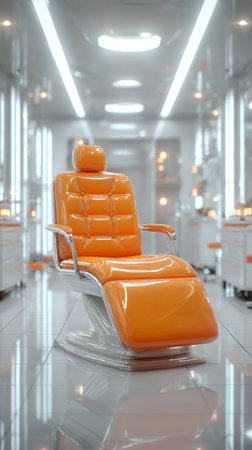 A bright orange reclining chair is positioned in a contemporary dental clinic featuring glossy surfaces and bright lighting, creating a clean and inviting atmosphere for patients.の素材