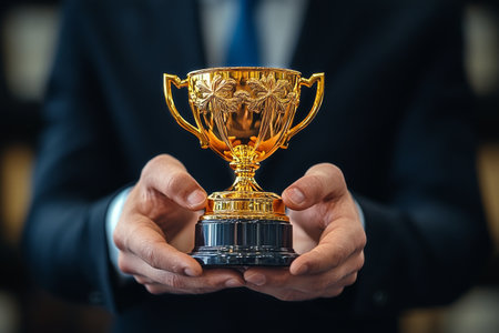 A person in formal attire holds a shiny golden trophy with both hands, showcasing a moment of triumph and recognition in a celebratory atmosphere.の素材