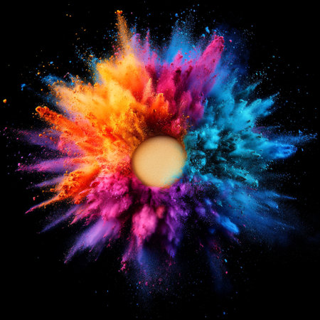 A captivating display of vibrant powders bursting from a central sphere, creating a rainbow of colors against a dark background, illuminating the space with energy and creativity.の素材