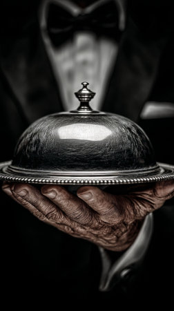 A well-dressed individual holds a shiny silver cloche with care, showcasing an upscale atmosphere at a formal dining event. The attention to detail reflects quality service.の素材