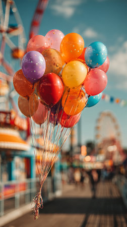 A cluster of vibrant balloons in various colors is held above a bustling amusement park. Visitors enjoy the attractions and festivities under a clear blue sky.の素材
