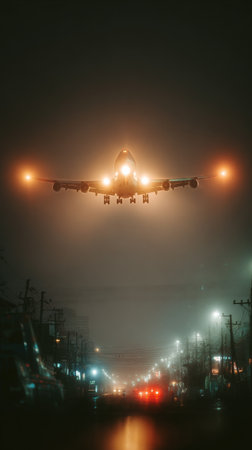A large airplane approaches for landing on a foggy runway, with bright lights glowing in the misty evening. Ground crew and runway lights are visible in the background.の素材