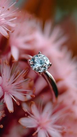 A diamond ring elegantly perched among soft pink flowers, showing its brilliance and the beauty of nature on a bright day.の素材