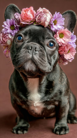 A black French Bulldog sits proudly, adorned with a crown of colorful flowers. The studio background enhances the dogs charming expression and playful demeanor.の素材