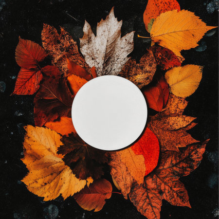 Autumn leaves in various colors form a vibrant array surrounding a blank white circle, showing the beauty of nature and the seasons transformation in a tranquil outdoor environment.の素材