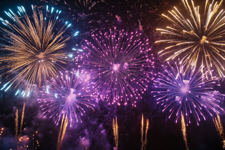 A vibrant fireworks display fills the night sky with bursts of colors, illuminating the city landscape during a festive celebration, creating a joyful atmosphere.の素材