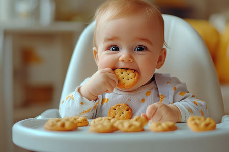 A baby sits in a high chair, happily munching on cookies. The warm, soft lighting creates a cozy atmosphere, enhancing the joyful moment of snacking.の素材