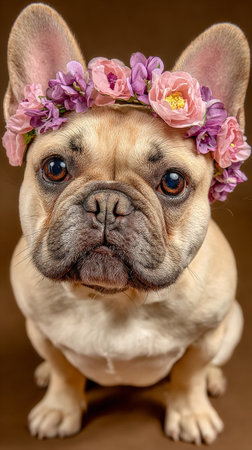 A charming French bulldog is posed in a studio with a simple brown backdrop, showcasing a beautiful floral crown made of pink flowers adorning its head.の素材