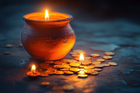 Soft candlelight flickers around a handcrafted clay pot, casting warm glows on scattered coins, creating a tranquil evening vibe.の素材