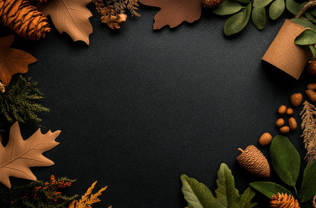 Warm autumn colors burst from leaves, pine cones, acorns, and other natural elements arranged around a dark background, perfect for autumn-themed crafts or decorations.の素材