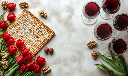 A vibrant arrangement features red tulips, traditional matzo, walnuts, and glasses of red wine. This festive setting captures the essence of a joyful spring gathering.の素材