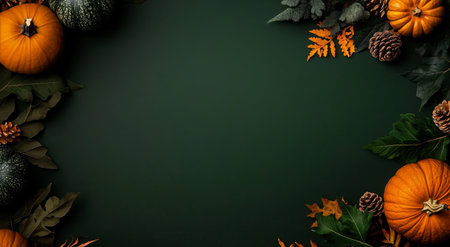 Bright orange and dark green pumpkins are arranged with leaves on a dark surface, showing vibrant fall colors and inviting seasonal charm suitable for festive displays.の素材